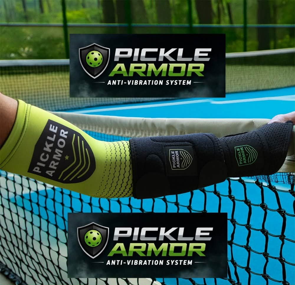 Pickleball player wearing the Pickle Armor anti-vibration elbow system on the court