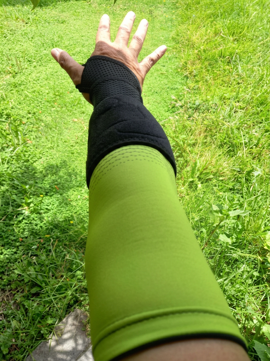 Close-up of the Pickle Armor sleeve with green anti-vibration pads at the elbow